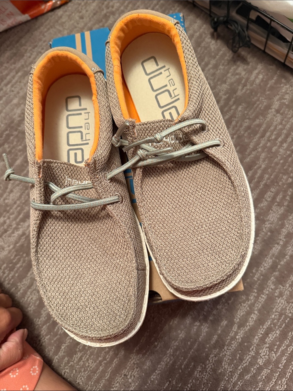 Hey Dude Taupe Knit Slip-On Loafers with Orange Lining